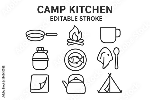Camp kitchen icons: cooking, fire, mug, canteen, fish, towel, spoon, pot, tent