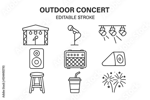 Outdoor concert icons: stage, equipment, and fireworks illustrations