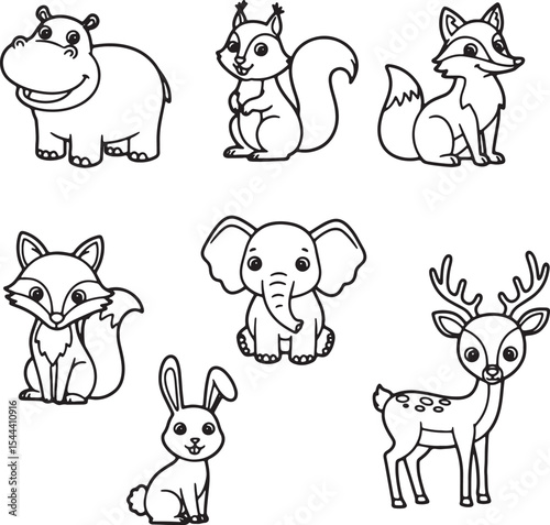 Adorable Cartoon Animals Coloring Pages Hippo, Squirrel, Fox, Elephant, Deer, Rabbit