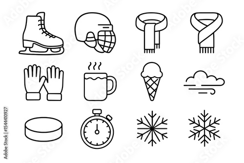 Winter sports and cozy essentials: ice skates, hockey, scarf, gloves, hot drinks, ice cream, weather icons