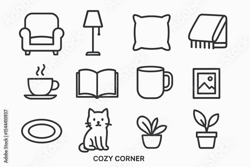 Cozy corner icons: armchair, lamp, pillow, blanket, coffee, book, mug, art, cat, plants