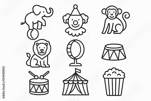 Circus icons: elephant, clown, monkey, lion, and tent outlined in black