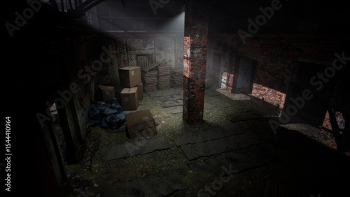 光が差し込む夜の薄暗い工場内