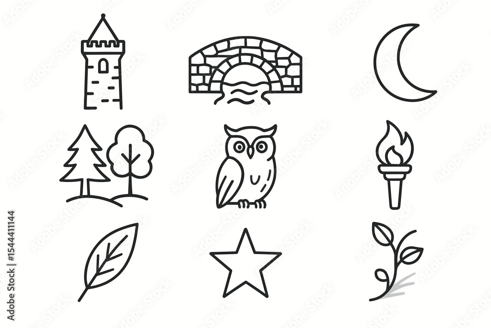 Fototapeta premium Minimalist line art of nature, owl, bridge, moon, and torch