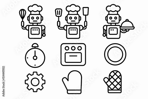 Robot chefs and cooking icons: whisk, spatula, timer, oven, plate, gear, glove