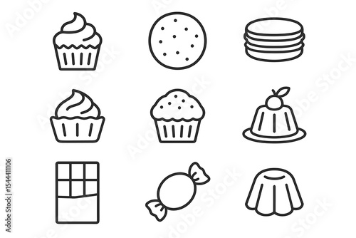 Dessert icons collection: cupcake, cookie, pancake, candy, chocolate, pudding