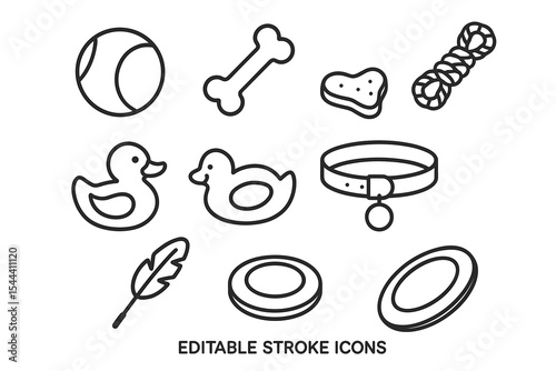 Pet toys and accessories: ball, bone, rope, ducks, collar, feather, frisbee icons