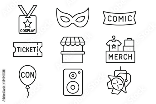 Comic convention icons set including cosplay, mask, and merchandise symbols