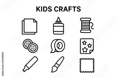 Kids crafts icons: glue, scissors, paper, tape, brush, thread, marker, buttons