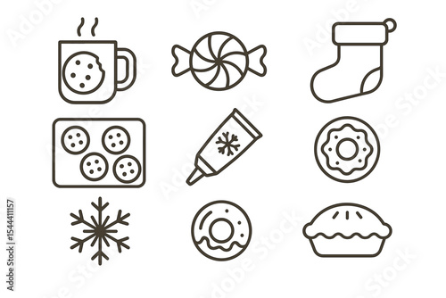 Festive cookie and holiday treat icons with stocking and snowflakes