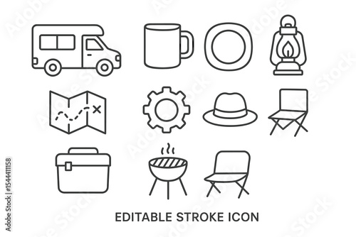 Outdoor camping essentials: camper, mug, lantern, map, gear, hat, chair, grill