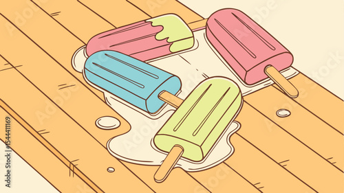 Illustration of four melting colorful popsicles on a wooden surface with visible melt puddles around them