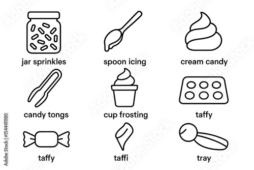 Set of baking icons: sprinkles, icing, candy, tongs, frosting, taffy, tray
