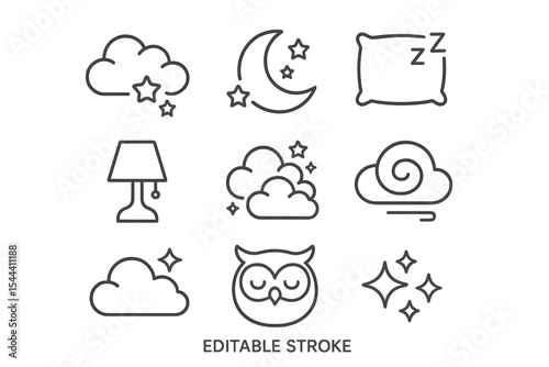 Sleep-themed icon set with clouds, moon, and owl