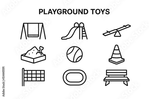 Playground toys icons set featuring swings, slide, seesaw, sandbox, ball, cone, net, track, bench