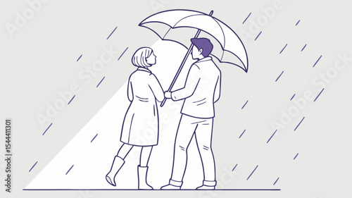 A couple standing together under an umbrella in the rain with a bright light shining down on them both