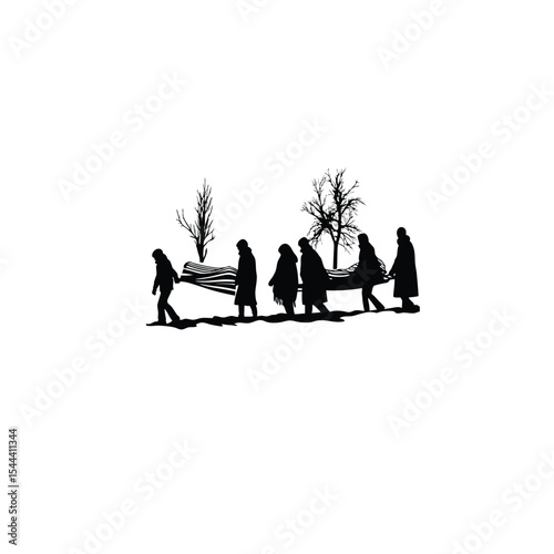 Silhouette of people delivering blankets during winter on white background