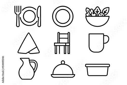 Dining icons: utensils, plate, salad, napkin, chair, cup, pitcher, cloche, container
