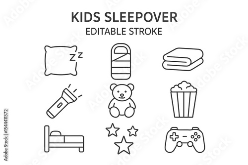 Kids sleepover essentials: pillow, sleeping bag, blanket, teddy bear, popcorn, video game controller