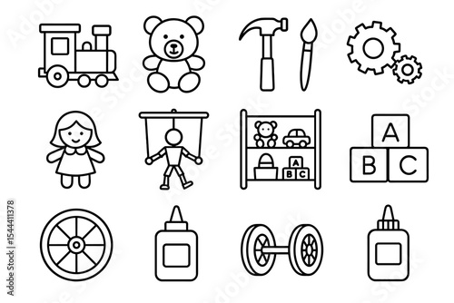Children's toys and tools icon set featuring dolls, train, paintbrush, blocks, and more