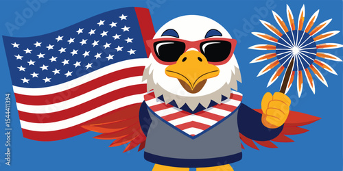 Cartoon eagle holding american flag and firework wearing sunglasses on a blue background image