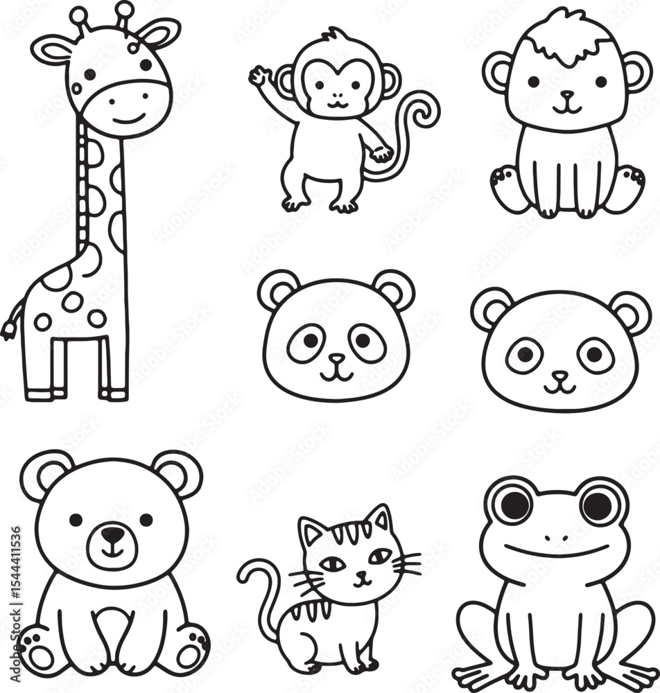 Obraz premium Adorable Animal Illustrations Cute Giraffe, Monkey, Panda, Bear, Cat, and Frog Line Art Drawings