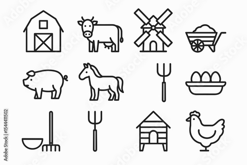 Set of farm icons: barn, cow, windmill, pig, horse, hay, eggs, hen house, chicken