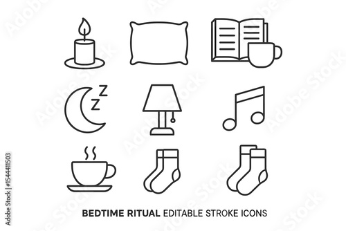 Bedtime ritual icons: candle, pillow, book, lamp, music, coffee, socks