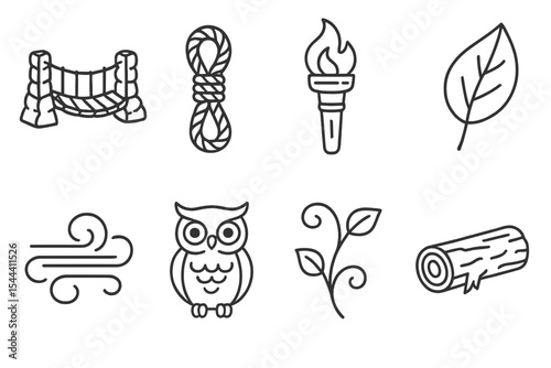 Adventure icon set with rope, torch, leaf, and more on dark background