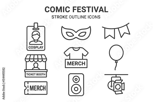 Comic festival icon set: cosplay, merch, tickets, and more – stroke outline style