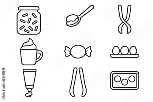Kitchen and baking icon set featuring jars, utensils, and food items