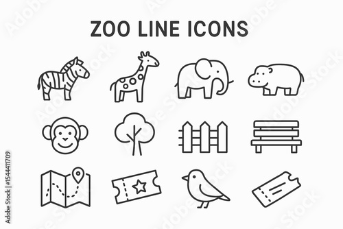Zoo animal line icons: zebra, giraffe, elephant, hippopotamus, monkey, bird, map, tree, fence, bench, ticket