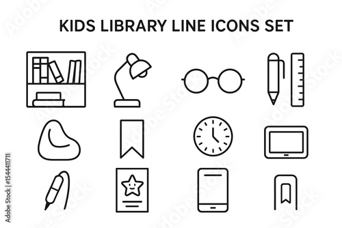 Kids library icon set with books, lamp, glasses, and stationery in line art