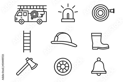 Firefighting equipment icons: truck, helmet, ladder, hose, axe, siren, boot, wheel, bell
