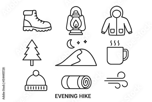 Evening hike essentials: lantern, jacket, boots, hat, mug, tree, mountain icons
