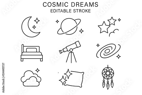 Cosmic dreams: celestial icons of moon, stars, telescope, and galaxy