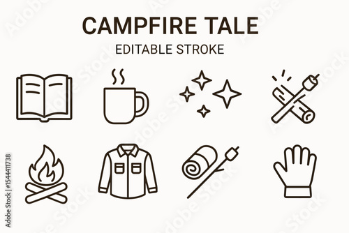Campfire tale icons: book, mug, stars, wood, fire, shirt, sleeping bag, hand