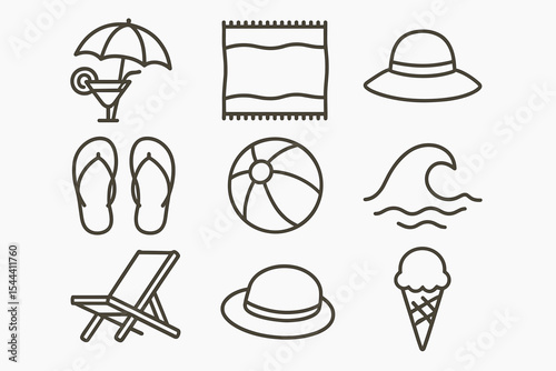 Summer beach icons: umbrella, hat, flip-flops, ball, waves, chair, ice cream