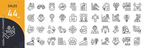 Sales related icon collections. Containing discount, deal, offer, price tag, shopping, revenue, profit, customer, cart, marketing icons.  Outline icons.