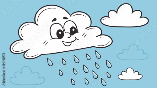 A cartoon cloud with a face and raindrops falling from it against a blue sky with other clouds around it