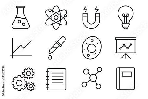 Science and education icons collection including atom, magnet, lightbulb, and gears