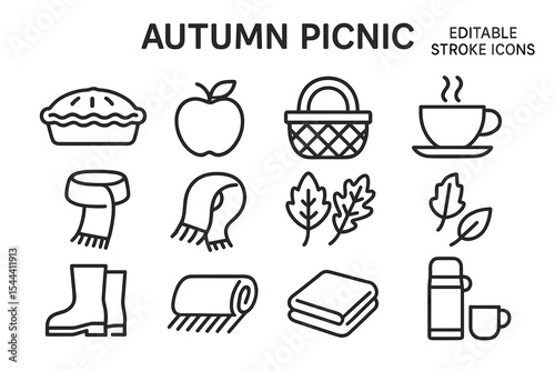 Autumn picnic icons set including pie, apple, basket, and more
