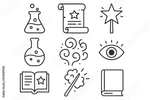 Set of magic icons featuring potions, scroll, wand, and spellbook