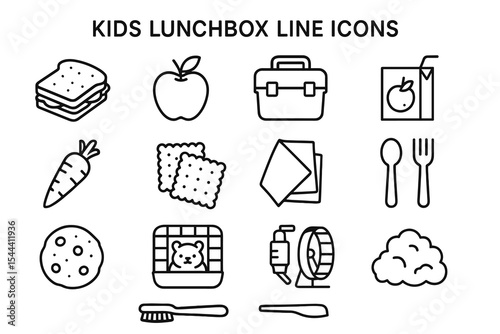 Kids lunchbox line icons: sandwich, apple, juice, carrot, cookies, cutlery, napkin