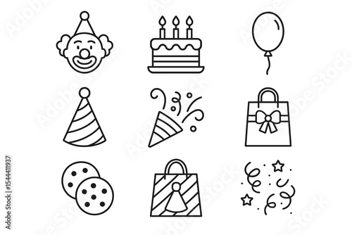 Birthday party elements: clown, cake, balloon, party hats, confetti, gift bag, cookies