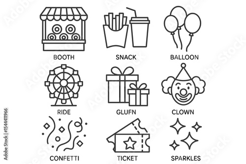 Carnival icons: booth, snack, balloon, clown, ride, ticket, sparkles, confetti