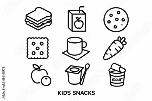 Illustrated icons of popular kid-friendly snacks and drinks