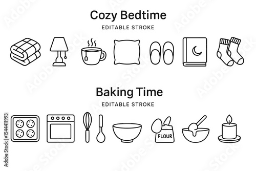 Cozy bedtime and baking time icons: pillows, lamps, ovens, books, and kitchen utensils