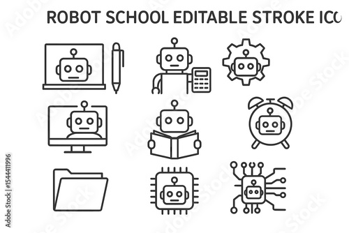 Robot school: editable stroke icons of robots in educational settings