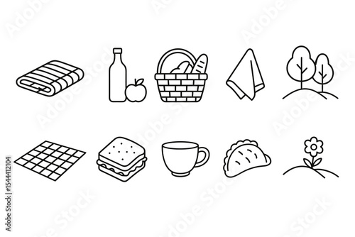 Picnic icons: blanket, basket, food, and nature elements